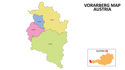Fototapeta na wymiar Vorarlberg Map. District map of Vorarlberg detailed map of Vorarlberg in color with capital.