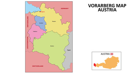 Vorarlberg Map. State and district map of Vorarlberg. Political map of Vorarlberg with neighboring countries and borders.