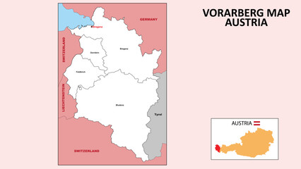 Vorarlberg Map. State and district map of Vorarlberg. Administrative map of Vorarlberg with district and capital in white color.