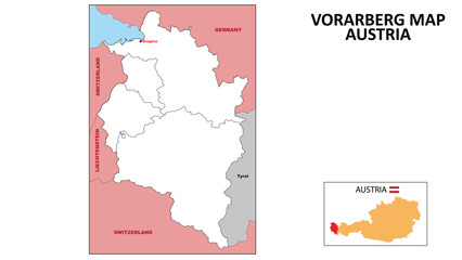 Vorarlberg Map. State and district map of Vorarlberg. Political map of Vorarlberg with outline and black and white design.