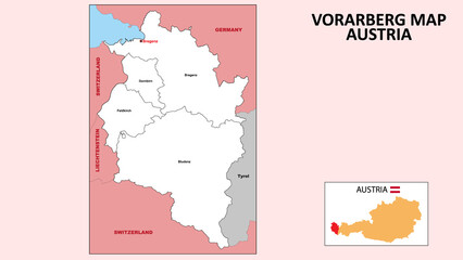 Obraz premium Vorarlberg Map. State and district map of Vorarlberg. Administrative map of Vorarlberg with district and capital in white color.
