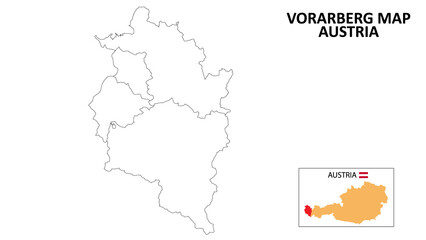Vorarlberg Map. State and district map of Vorarlberg. Political map of Vorarlberg with outline and black and white design. - obrazy, fototapety, plakaty