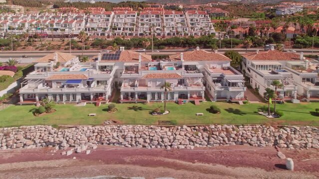 Aerial shot of the beachfront resorts in Mijas Costa Spain
