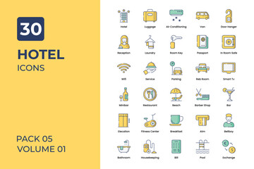 Hotel icons collection. Set contains such Icons as reception, waiter, room boy, hotel key, and more