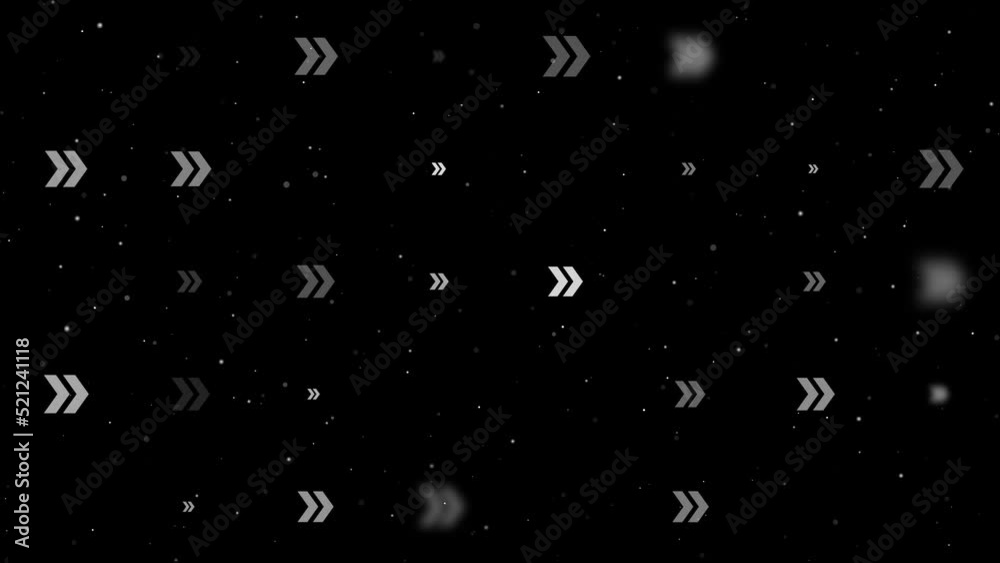 Poster Template animation of evenly spaced double arrow symbols of different sizes and opacity. Animation of transparency and size. Seamless looped 4k animation on black background with stars