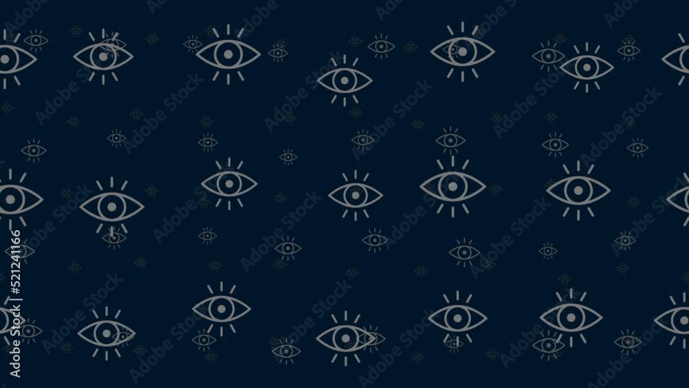 Poster Vision symbols float horizontally from left to right. Parallax fly effect. Floating symbols are located randomly. Seamless looped 4k animation on dark blue background