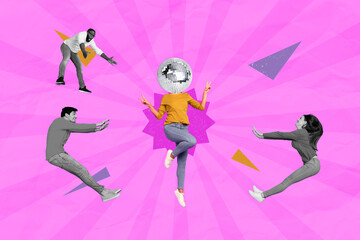 Creative abstract template graphics image of lady disco ball instead of head cool party isolated...