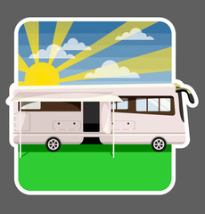 House on wheels. Colored sticker. Motorhome on the background of nature. Trailer with open door and cornice.
