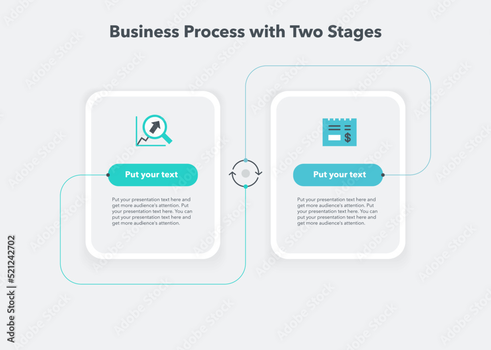 Poster Simple business process diagram with two stages. Modern flat template for data visualization.