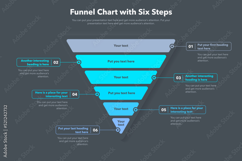Poster funnel chart template with six steps - dark version. slide for business presentation.