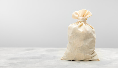 Money bag on a gray background. Template Copy space for text. mock-up