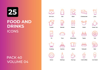 Food and Drink icons collection. Set contains such Icons as food, drink, bread, fruits, and more