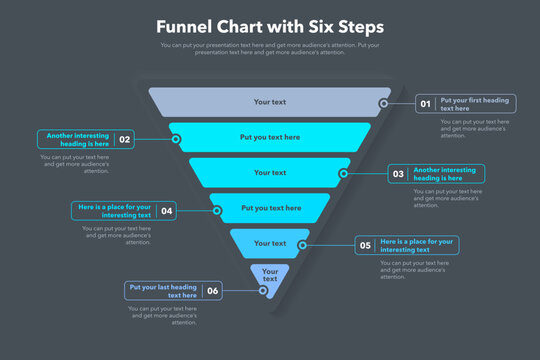 Funnel chart template with six steps - dark version. Slide for business presentation.