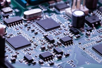 Fototapeta premium Computer Microchips on Electronic circuit board. Technology electronics concept.