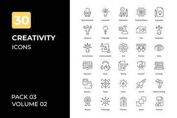 Creativity icons collection. Set contains such Icons as idea, creative bulb, creative thinking, and more