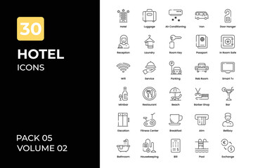 Hotel icons collection. Set contains such Icons as reception, waiter, room boy, hotel key, and more