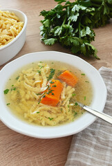 Turkey broth with noodles in a bowl