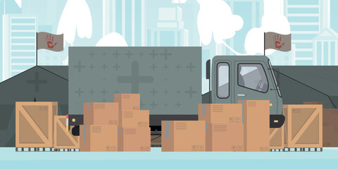 Camp for humanitarian aid. Tents, Boxes and pallets. trendy style. Vector.