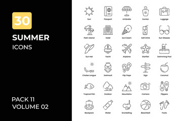 Summer icons collection. Set contains such Icons as sunny day, sun, hot weather, beach, and more