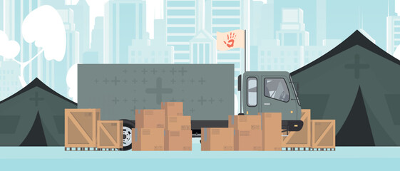 Camp for humanitarian aid. Tents and Cargo for the needy. trendy style. Vector illustration.