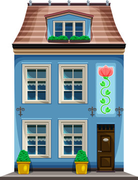 House. A two-storey blue house with an attic. The building is decorated with flowerpots with plants.