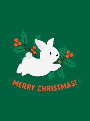 Cute jumping bunny with holly on the background and the inscription - Merry Christmas. Festive print. Cartoon style. Flat vector illustration. Design of a invitations, postcard, print or poster