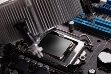 Fototapeta premium Printed Circuit board with Microchips and other Components Production Process. Electronics Manufacturing.