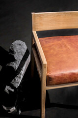 designer chair, solid wood seat in fabric or natural leather,