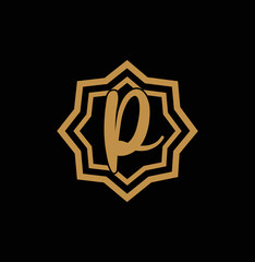 Letter P inside Gold star logo. Award 3d icon. Golden logotype template. Volume Vector illustration.