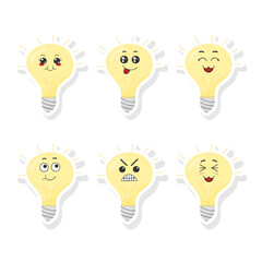 Vector set of funny light bulb stickers with kawaii emotions. Kawaii faces. Vector illustration isolated on white background