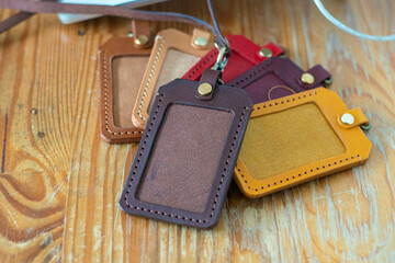Leather id card holder handmade craftmanship working