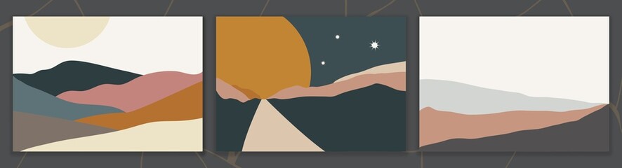 Abstract vector illustration set with hills, fields and mountains in modern minimalists style. Contemporary landscape is perfect for social media, site, wall art, posters, cards, prints etc.