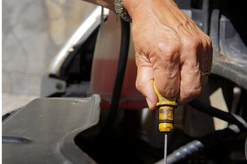Adult woman look and check car oil. Closeup