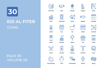 Eid ul Fitter icons collection. Set contains such Icons as meeting, prayer mat, calendar, and more