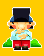 Sticker. Boy in a cap. A character in colored clothing holds his hands in front of him. The guy on the background. Cool.