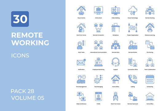 Remote working icons collection. Set contains such Icons as work from home, online work, working from home, and more