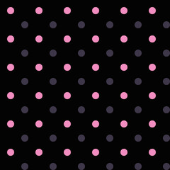 Cute pink and grey polka dots isolated on a black background Seamless geometric pattern in minimal, limited colors