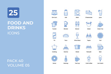 Fototapeta na wymiar Food and Drink icons collection. Set contains such Icons as food, drink, bread, fruits, and more