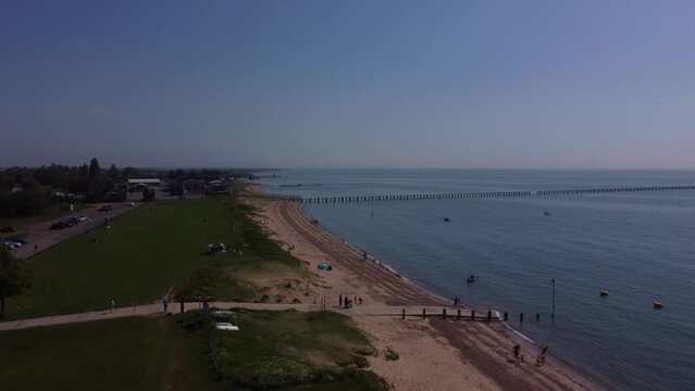 Dolly drone shot of Shoeburyness bea