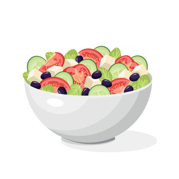 Traditional Greek salad with slices of feta cheese, tomatoes, cucumbers, olives on a white background.
