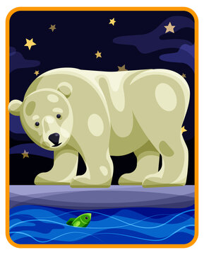 Bear. Sticker in color. A polar bear stands on an ice floe by the water. There is a fish in the water. North Pole.