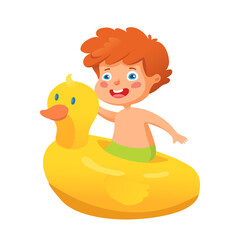 Kid swimming vector illustration. Summer vacation. Child playing, childhood entertainment, leisure. Little boy with duck swimming ring. Water activities isolated on white background