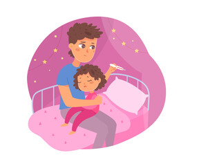 Dad and sick child sitting together in nursery bedroom at home, man holding thermometer