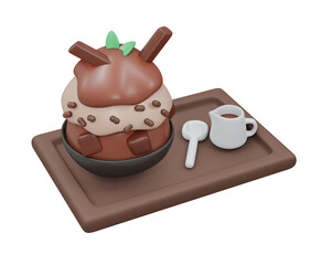 3D Rendering of chocolate bingsu shaved ice set on tray isolated on white. 3d render cartoon style.