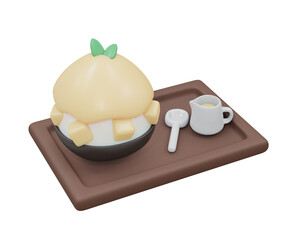 3D Rendering of mango bingsu shaved ice set on tray isolated on white. 3d render cartoon style.
