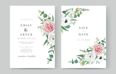 Wedding invitation, save the date set. Watercolor floral editable templates. Elegant garden blush pink roses, white anemone flowers and green seeded eucalyptus branches. Hand drawn vector illustration