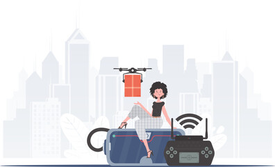 A woman controls a drone with a parcel. The concept of cargo delivery by air. Vector illustration.