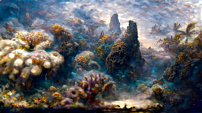 Artistic concept of painting a beautiful underwater coral reef. Tender and dreamy design, background