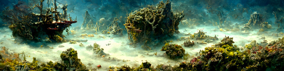 Naklejka na ściany i meble Artistic concept of painting a beautiful underwater coral reef. Tender and dreamy design, background