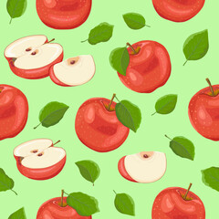 Seamless pattern. Red apples with leaves, apple halves and apple slices on a pale green background in vector. Fruits and vitamins. Proper nutrition and diet. Harvesting apples. Vector illustration.